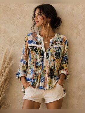 Anthropologie Maeve Abella Floral Patchwork Pintuck Blouse - Size 2P
